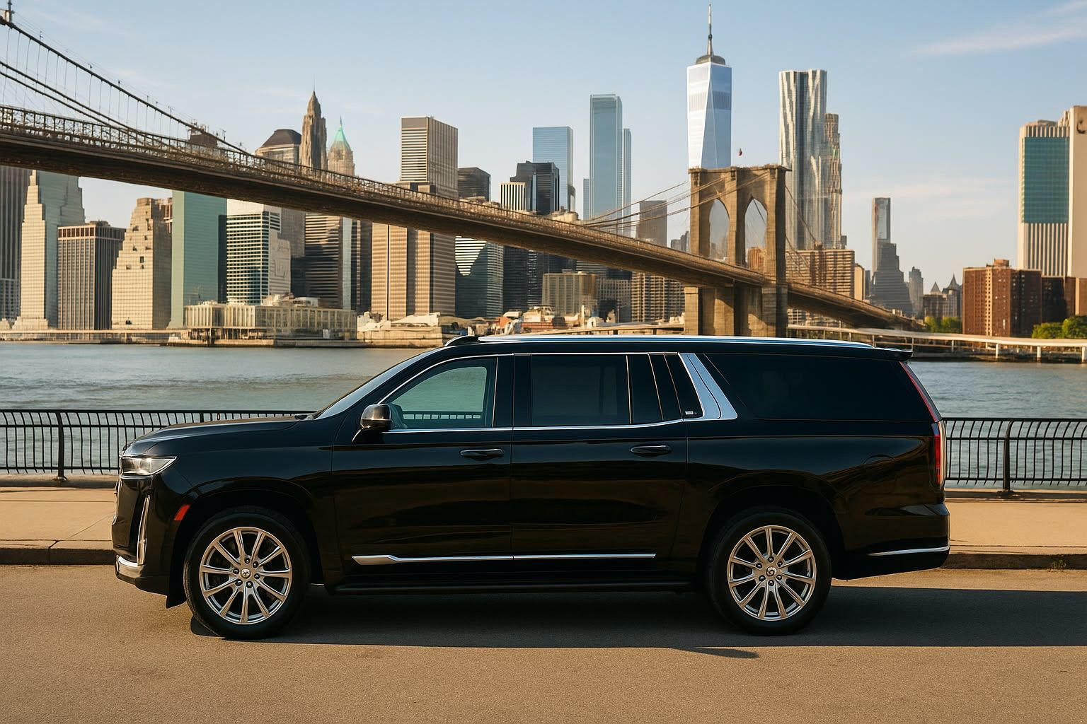 A chauffeured black car waiting at the curb