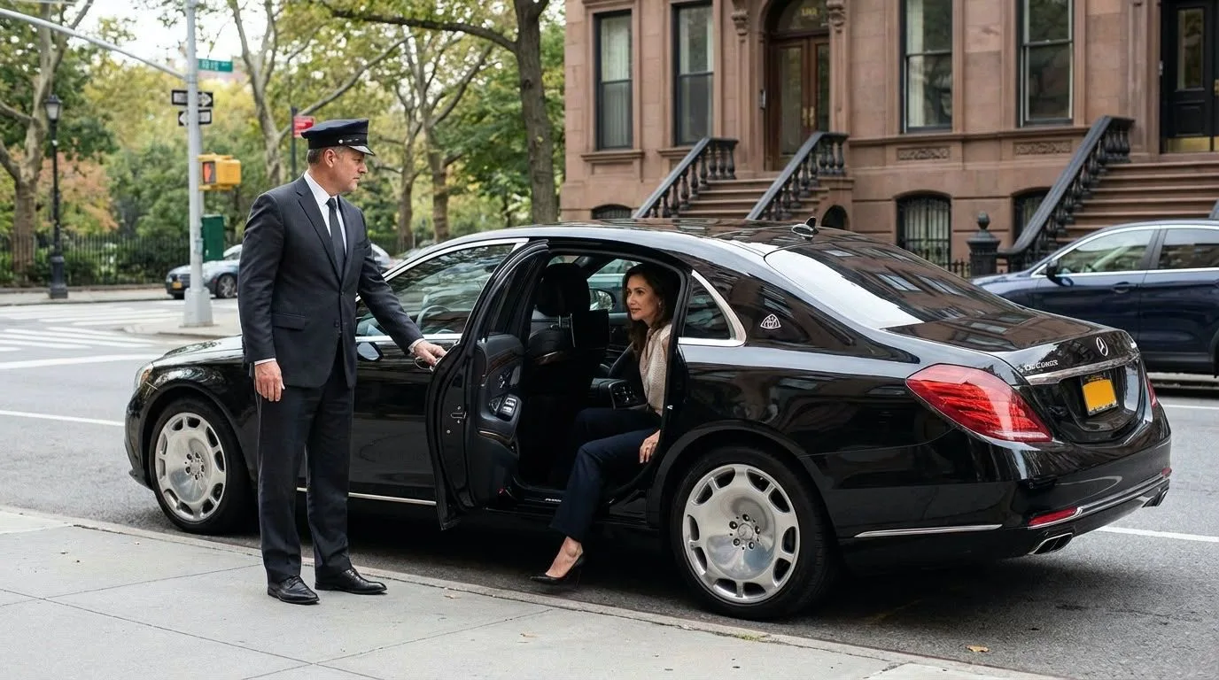 A chauffeur standing at the open door of a black luxury car